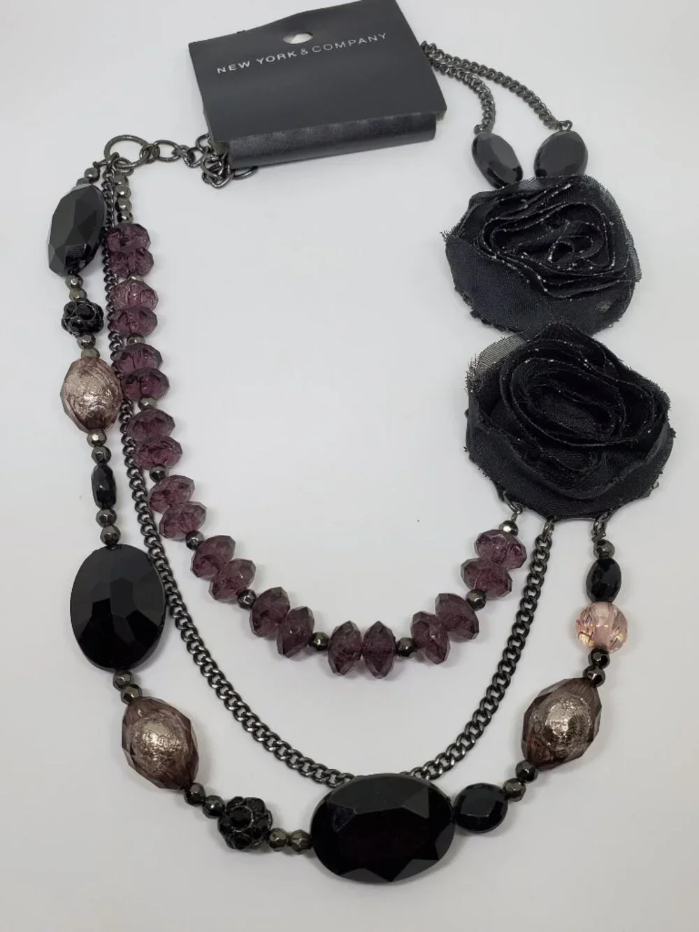 Black Organza Flower Purple Beaded Statement Triple Strand Statement Necklace
